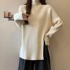 Women's Plus Size Ribbed Knit Split Long Sleeve Top, Autumn/Winter Korean Style, Half-High Neck, Loose Slimming Fit