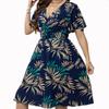 Plus Size Vintage V-Neck Short Sleeve Smocked Waist Slimming Retro Midi Dress for Women Casual Summer