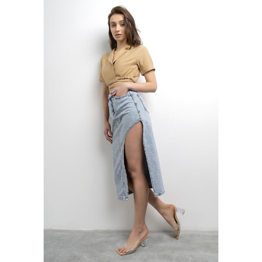 Women's Blue Denim Color Long Denim Skirt With Deep Slit Detail On The Side