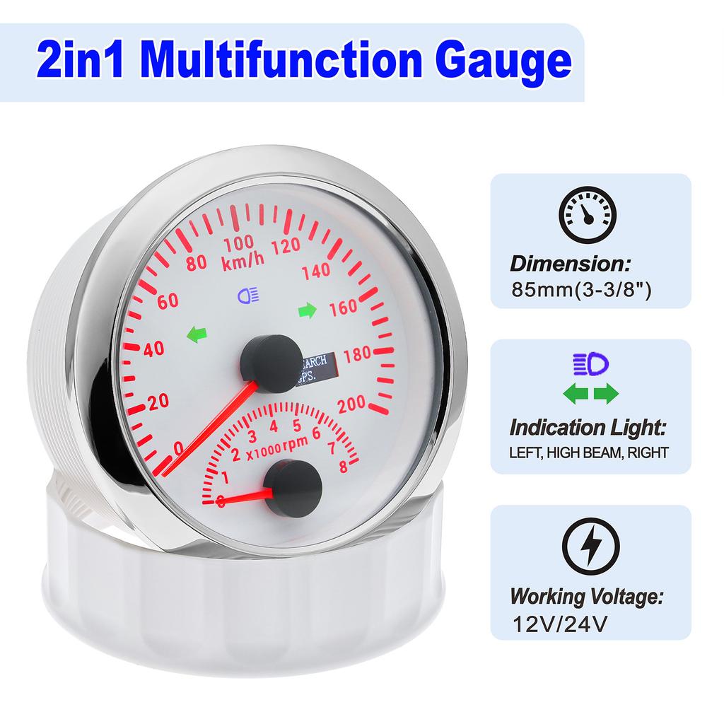 2 In 1 Multifunction Gauge IP67 Waterproof Speedometer With Tachometer Red Backlight for 12V 24V Universal Car Boat Speed Meter