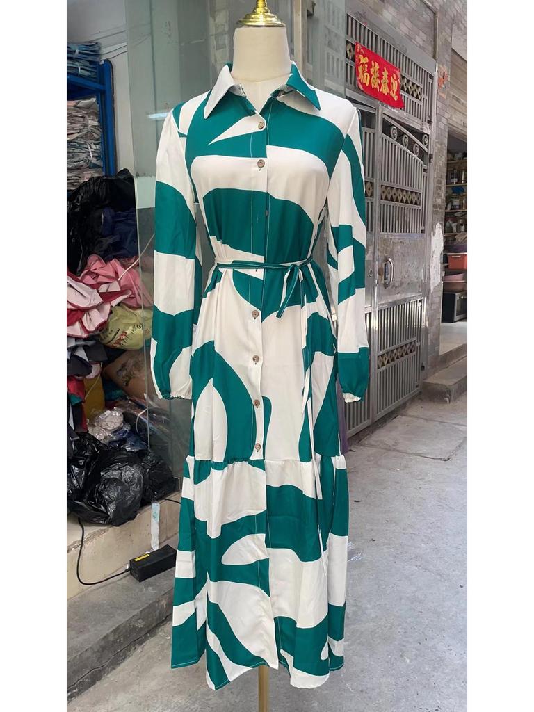 2025 European & American Spring/Autumn Fashion Print Long Shirt Dress with Tie-Up and Pockets