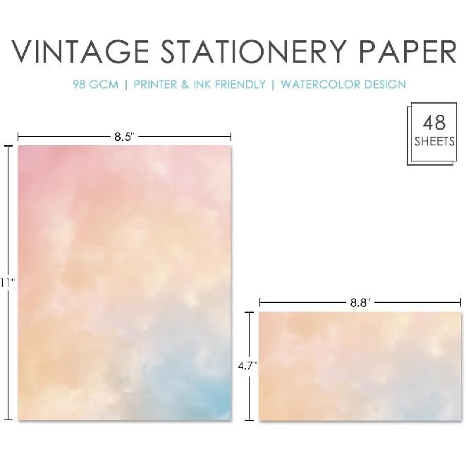 Stationary Paper and Envelopes Set 48 Pack of Watercolor Letter Writing Paper, Decorative Printer Stationery Sheets Set with Assorted Designs -