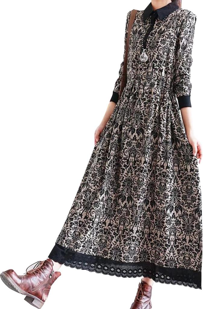 Floral Arabesque Print Retro Long Lace Long Plus Mori Girl Loose Floral Print [Newne] Dress, Style, Length, Hem, Waistband, Sleeves, Ruffles, Sizes,