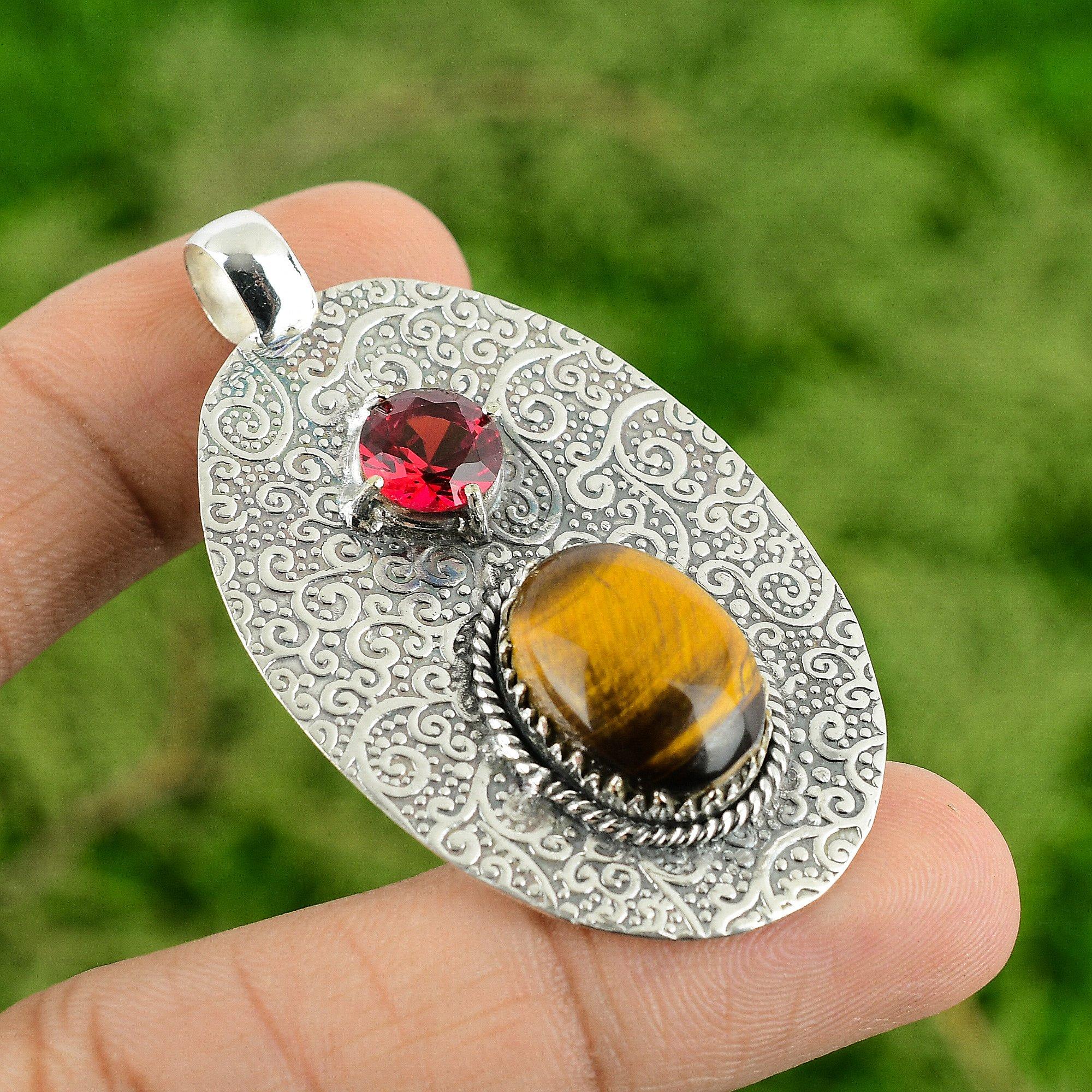 

Sterling Silver Oval Tiger s Eye Gemstone Mozambique Garnet Elegant Wife Pendant