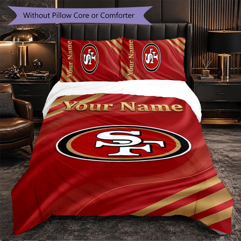 San Francisco 49ers Customized Name Text Bedding Set, 1 Duvet Cover & 2 Pillowcases Personalized Bedroom Gift
