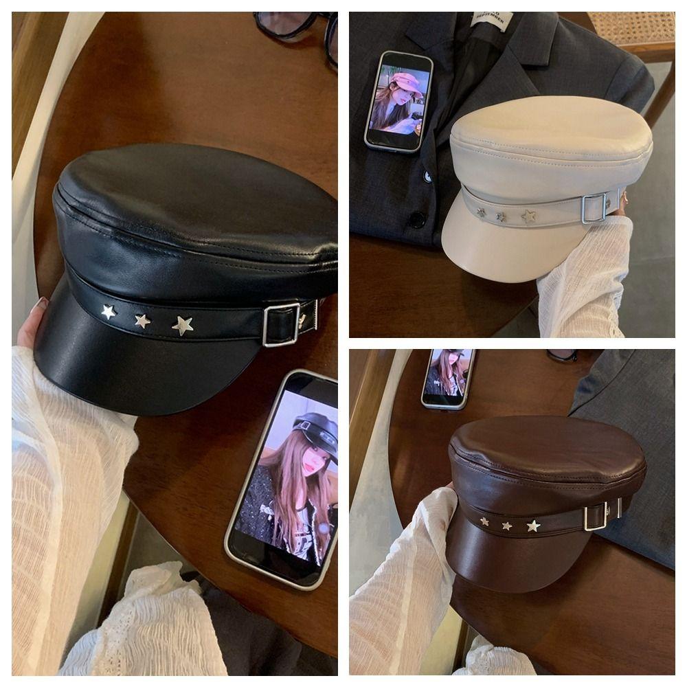 Star Octagonal Hat Korean Style Painter Hat Retro Pu Leather Beret  Travel
