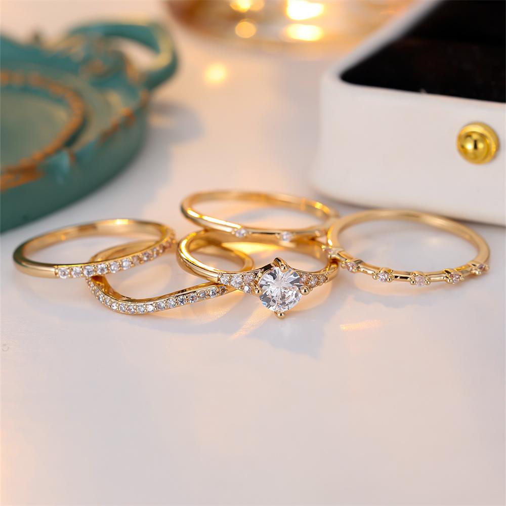 Round Stone White Zircon Engagement Ring Sets For Women 5pcs/Set Luxury Crystal Vintage Gold Color Wedding Jewelry Bridal Gifts