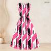 Women Plus Size Two Piece Set Printed 3 4 Sleeve Open Cardigan Sleeveless Round Neck Tie Waist Flared Dress