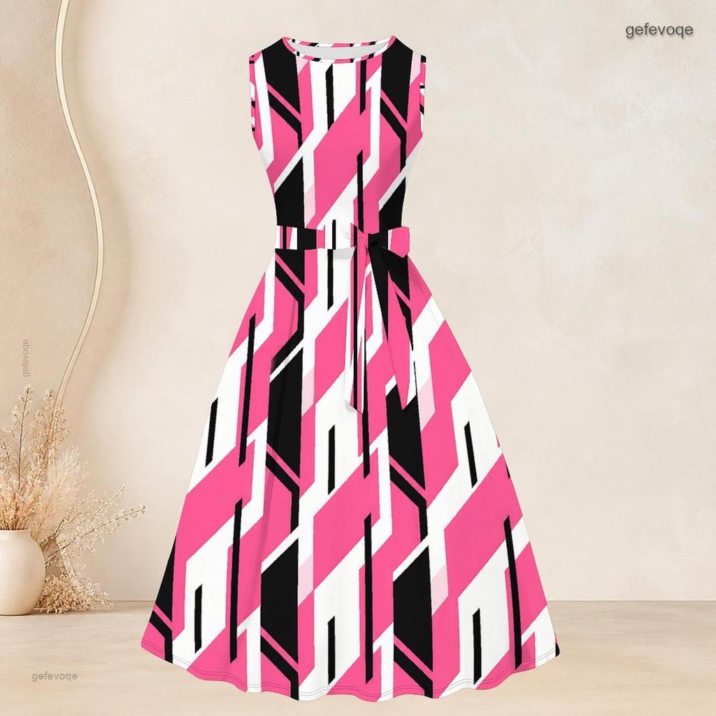 Women Plus Size Two Piece Set Printed 3 4 Sleeve Open Cardigan Sleeveless Round Neck Tie Waist Flared Dress