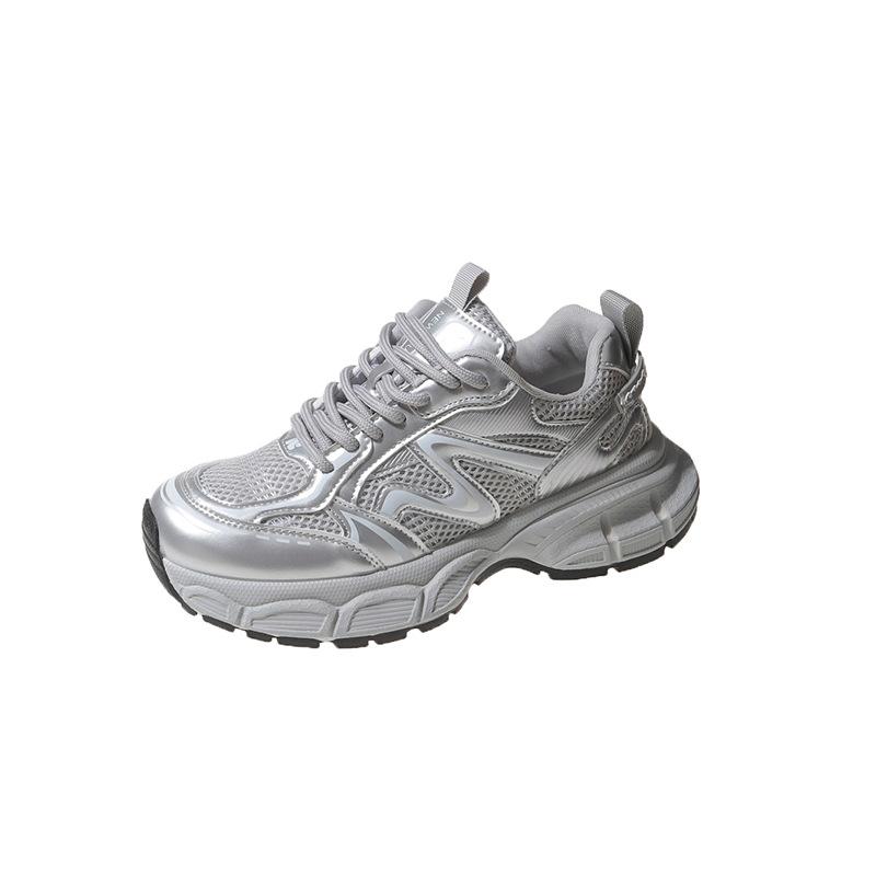 

Жіночі кросівки на товстій підошві 2025 нова осінь жіночі сітчасті дихаючі жіночі туфлі, що збільшують зріст, повсякденні спортивні туфлі для маленької людини 40 срібний