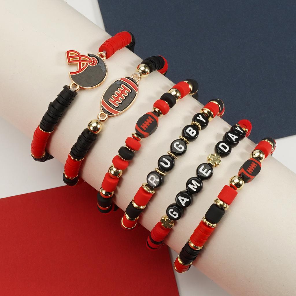 Game Day Polymer Clay Beaded Rugby Ball Bracelet for Women Men Letter Sports Wristband Party Jewelry Accessories