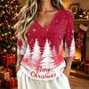 Women's Casual Christmas Print V-Neck Three-Quarter Sleeve T-Shirt Top