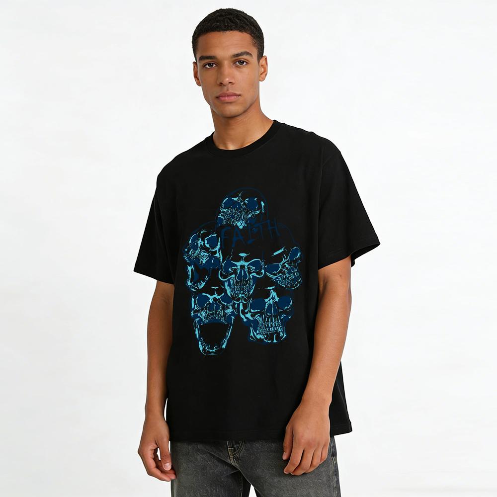 Faith Skull Print Edgy Casual Loose Fit Unisex Top Pure Cotton T-shirt