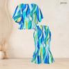 Women Plus Size Round Neck Batwing Sleeve Blue Brown Printed Ruffle Hem Top Fishtail Skirt Two Piece Set