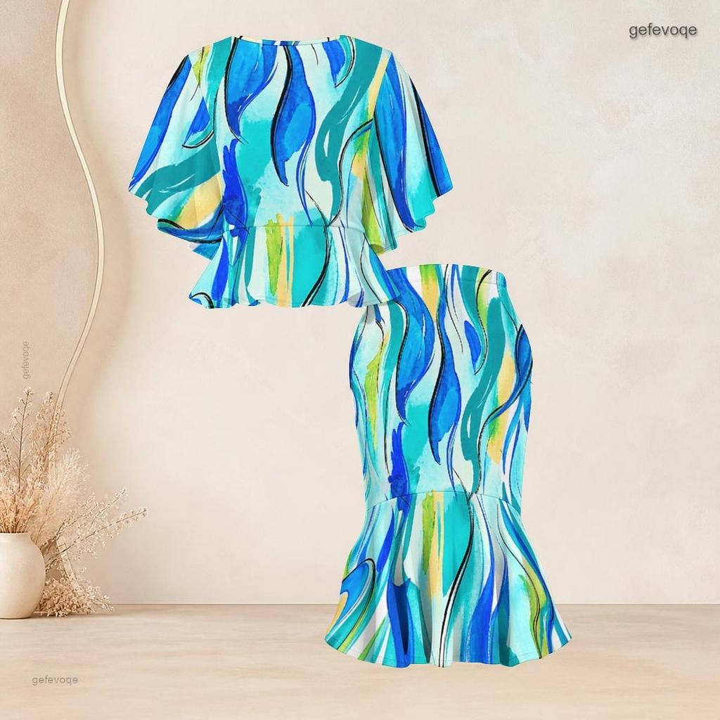 Women Plus Size Round Neck Batwing Sleeve Blue Brown Printed Ruffle Hem Top Fishtail Skirt Two Piece Set