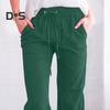 Women Cropped Pants Mid-rise Elastic Waist Adjustable Drawstring Casual Pants with Pockets Loose Fit Summer Pants
