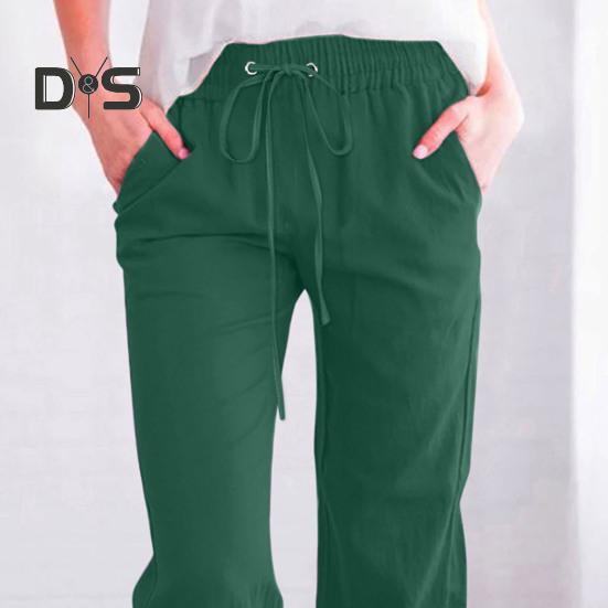 Women Cropped Pants Mid-rise Elastic Waist Adjustable Drawstring Casual Pants with Pockets Loose Fit Summer Pants