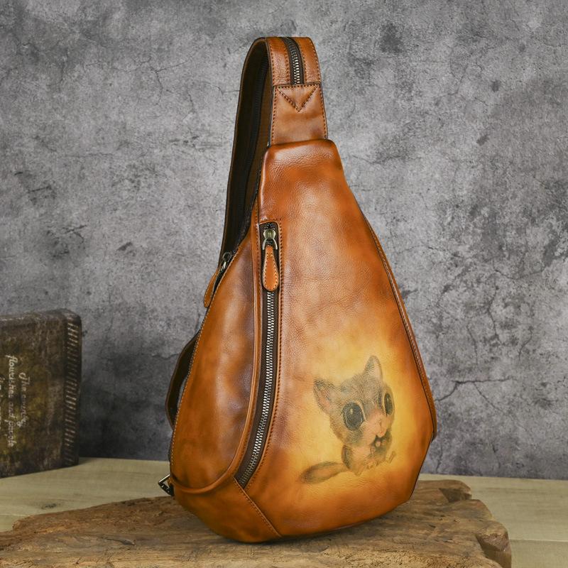 Johnature Retro Animal Printed Chest Bag Genuine Leather Handmade Cowhide Backpack Versatile Women's Crossbody Bags