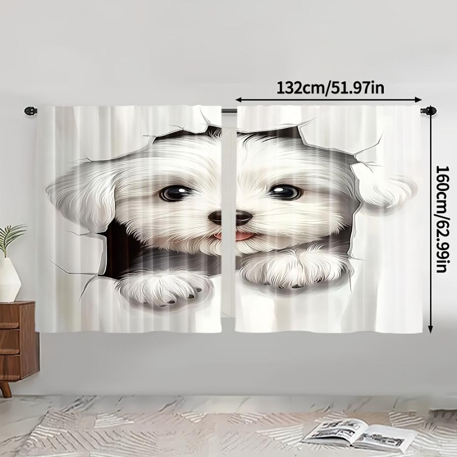 2PCS Digital Printed Curtains, Cute Puppy Dog Pattern, Soft Polyester Art Deco Style for Bedroom Living Room Home Window Decor