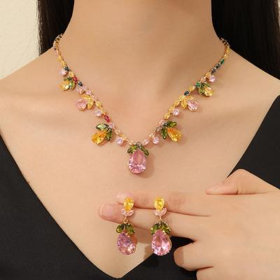 Luxus Retro Zirkon Blumen Halskette für Damen Exquisite Mode Bunte Strass Halskette Ohrring Set Hochzeitsbankett Schmuck