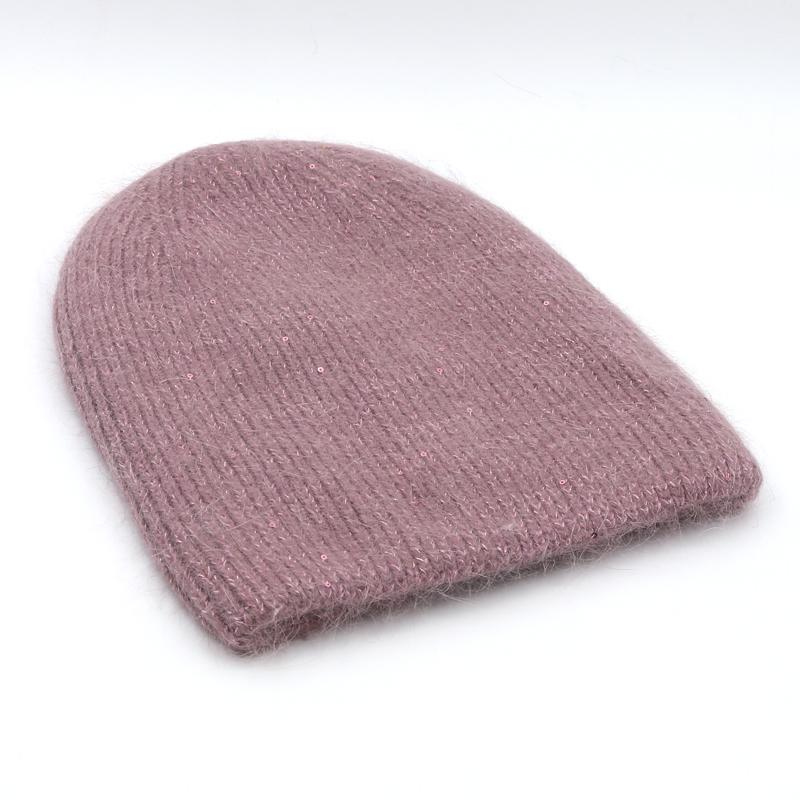 Angora Rabbit Fur Winter Woman Hat Cashmere Skullies Beanies Soft Solid Warm Fluffy Thick Sequins Knitted Hat Gift Wholesale