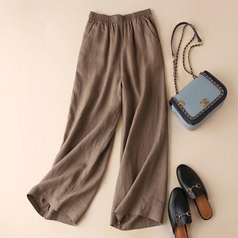 Pantaloni Estivi da Donna Cotone Lino Vita Elastica Gamba Larga Casual Leggeri Monocolore Palazzo Pantaloni Donna Fondo