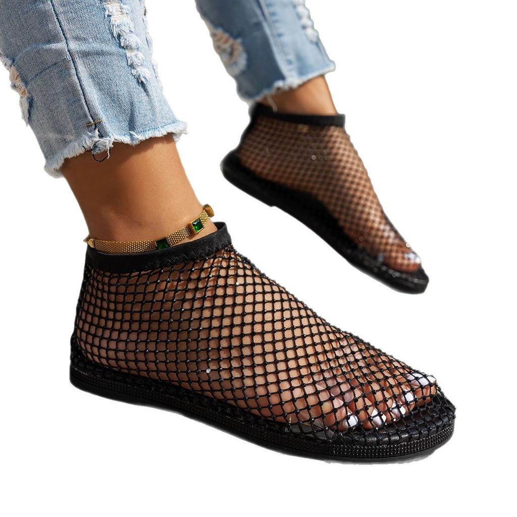 Summer Sexy Large Size Flat-bottomed Hollow Sandals Women's 2025 Summer New Round Head Sandals with Diamonds Short Boots