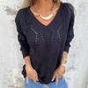 Women's long-sleeved V-neck hollow leaf pattern button knit sweater