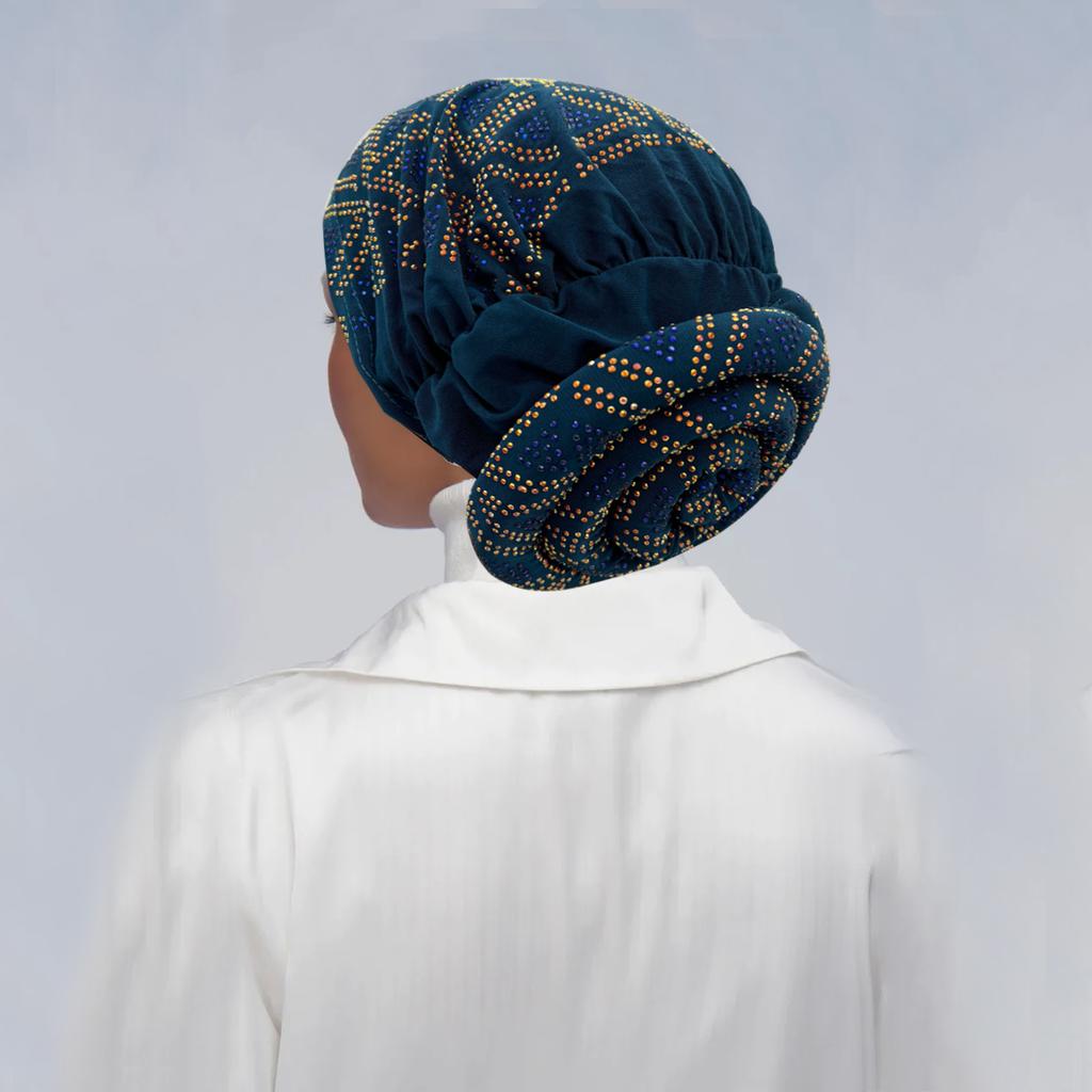 Full Diamonds Women's Donut Turban Cap Elastic Muslim Headscarf Bonnet Female Headband Hat African Caps Lady Hair Accessories