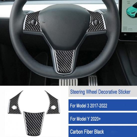 3x For Tesla Model Y 3 17-24 Carbon Fiber Steering Wheel Cover Stick Decoration