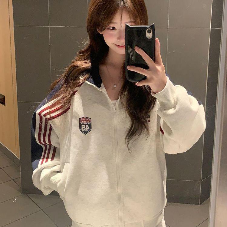 Women American Color Block Stripe Embroidery Stand Collar Zip Up Sweatshirt Jacket Spring Autumn Loose Casual Outerwear