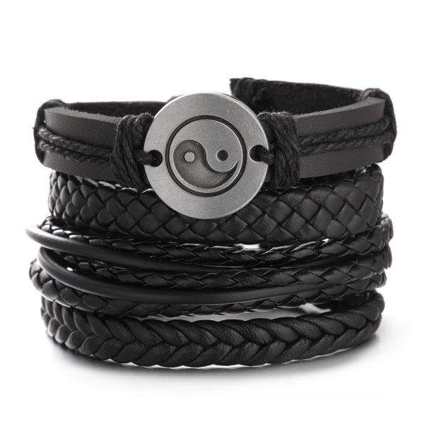 Handmade Vintage Multilayer Men Leaf Leather Bracelet Braided Star Knot Leaf Rope Wood Beads Wrap Bracelets & Bangles Male Gift