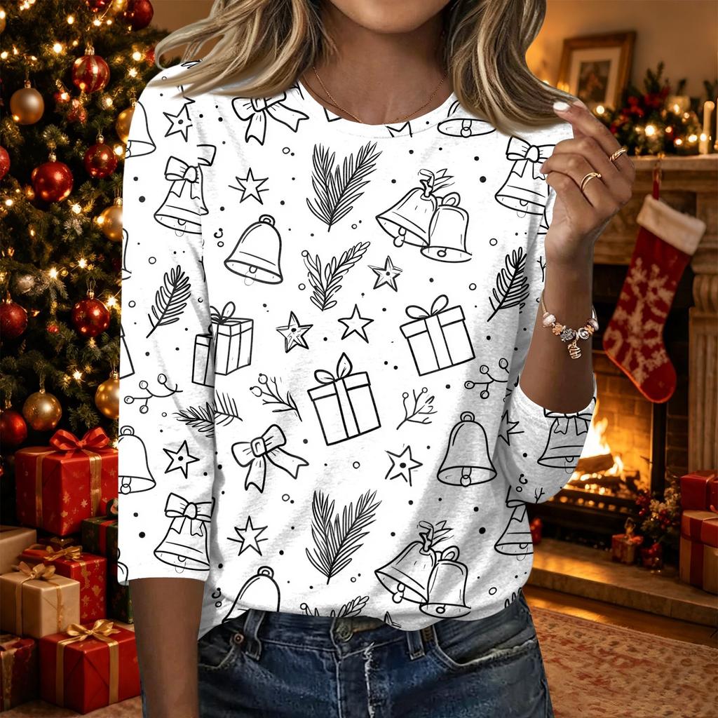 Women's Casual Fashion T-Shirt with Christmas Print, Round Neck, Three-Quarter Sleeves