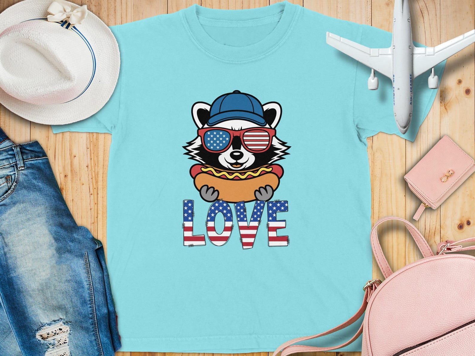 Patriotic Raccoon Hot Dog T-Shirt | 4th of July American Flag Tee | Summer BBQ Shirt M