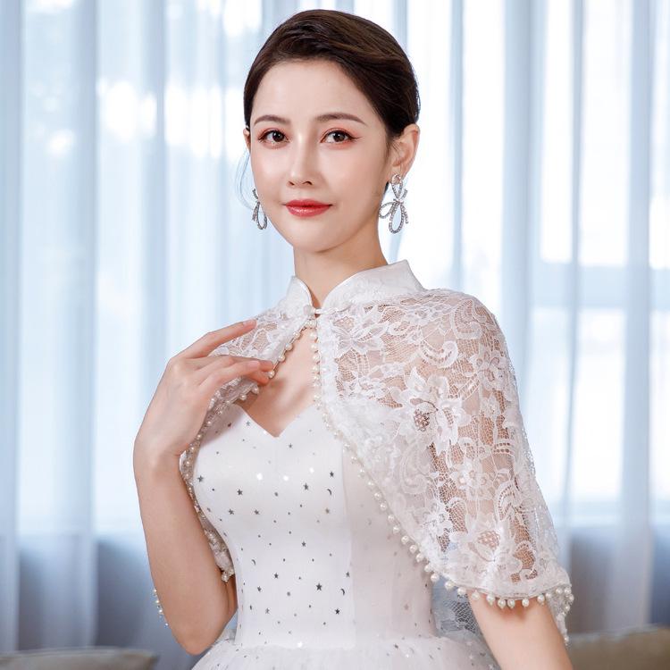 Chinese Mandarin Collar Floral Lace Cape Shrug Pearl Trim Short Bolero Wrap For Wedding Cheongsam Evening Prom Dress