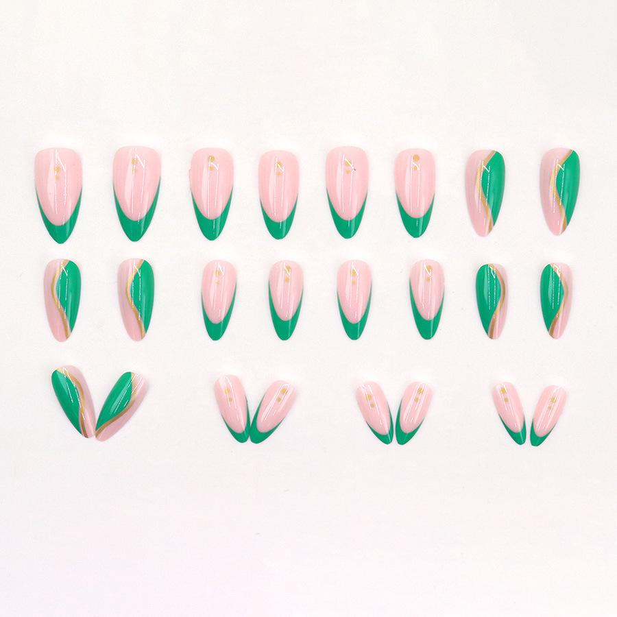 Gold Foil Line Green Wave Nail Art Tips