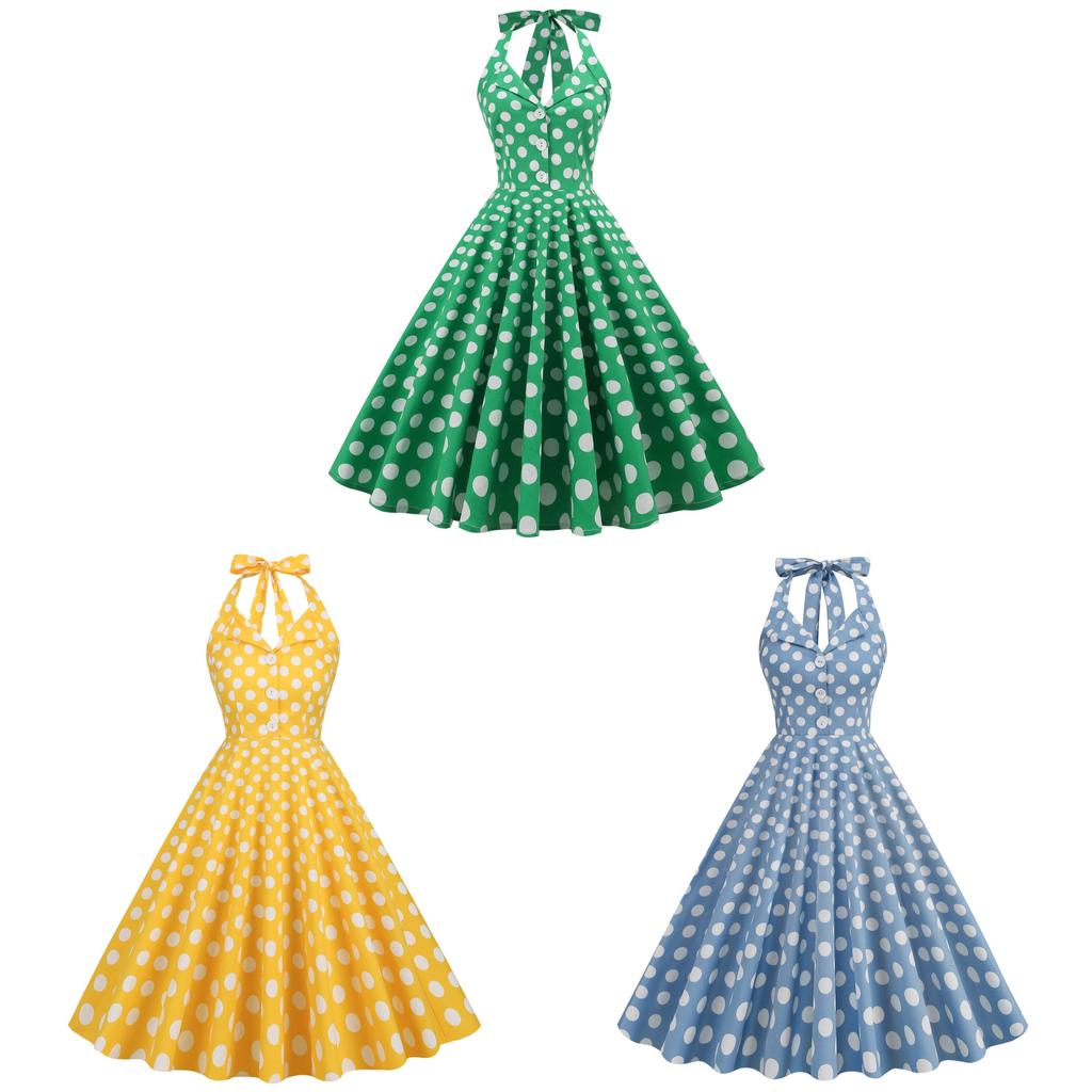 Vintage Dot Print Vneck Sleeveless Midlength Dress For Women