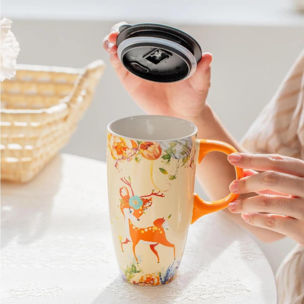 500ML Immortal Forest Mystery Animal Ceramic Cup, Large-capacity Water Cup, Coffee Cup with Lid, Couple's Cute Mugs Cup