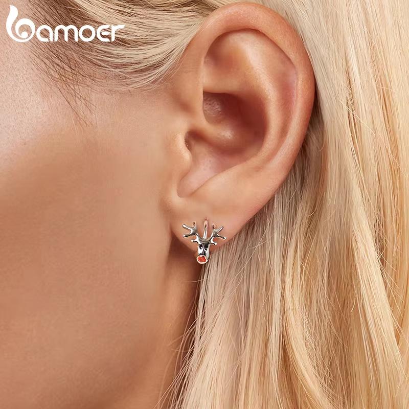 BAMOER 925 Sterling Silver Reindeer Hoop Earrings Lightweight White Gold Plated Christmas Hoop Earrings for Women SCE1812