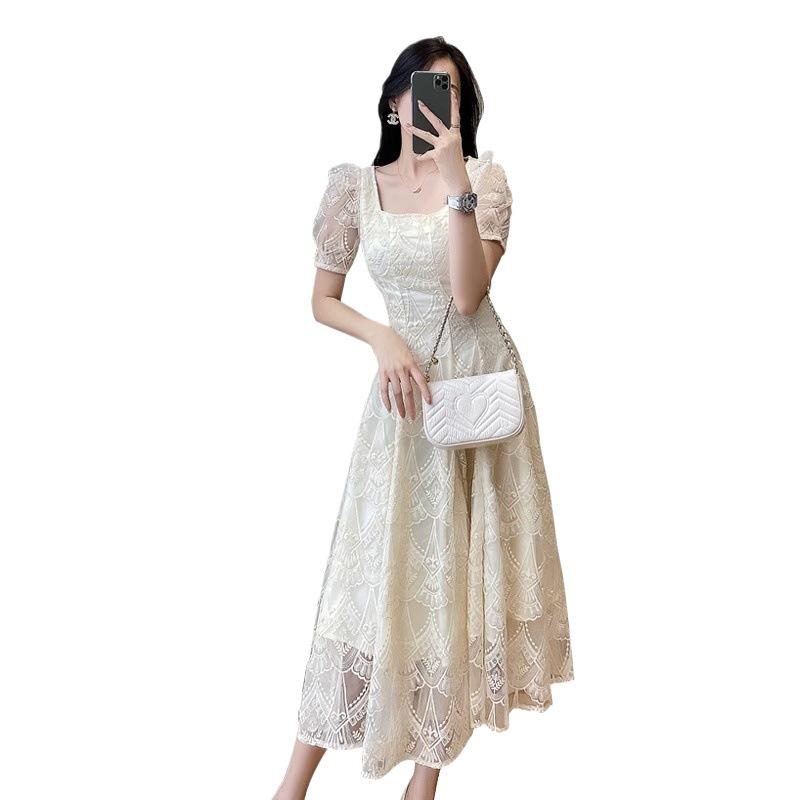 Rochie din plasă cu dantelă cu gât pătrat - Colecție Petite Stil Elegant Socialit de Vară pentru Femei