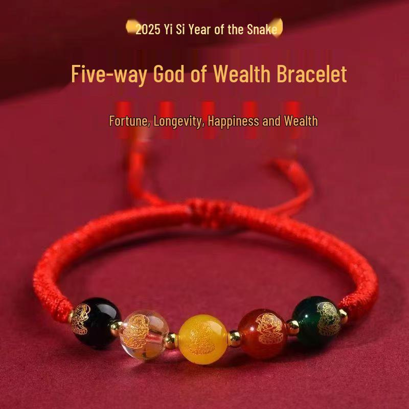 

Браслет из красной нити с пятью богами богатства - Плетеный браслет из пяти элементов на год Бэнмин Five Gods of Wealth Red String [8mm Beads]