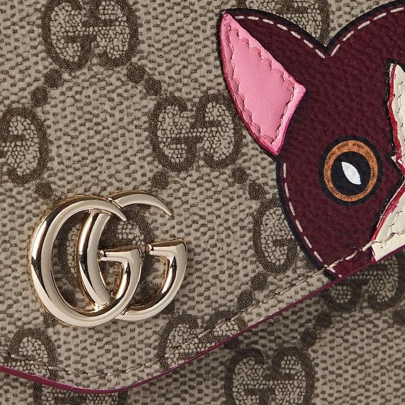 Gucci Double G Logo Cat Detail Coated Fabric Mini Shoulder Bag Women shoulder bag Deep-Red Brown 818764-FAEEP-8574
