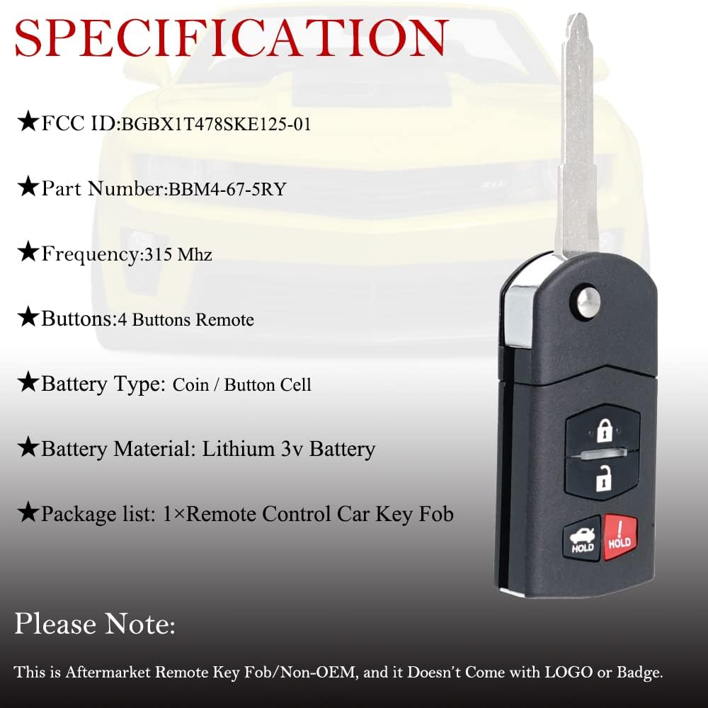 MechanMagic Key Fob Remote Replacement Fits for 2006 2007 2008 2009 2010 2011 2012 2013 2014 2015 Mazda MX-5 Miata/Mazda 3/Mazda 6 BGBX1T478SKE125-01