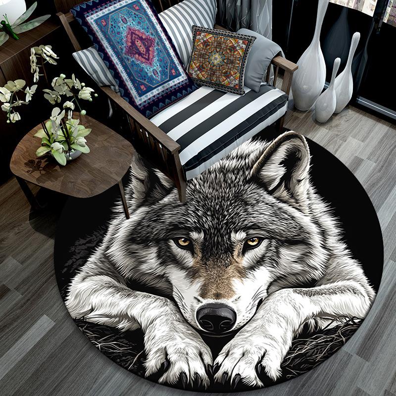 Gray Wolf Round Area Rug,Carpet Rug for Living Room Bedroom Sofa Playroom Decor,Non-slip Floor Mat