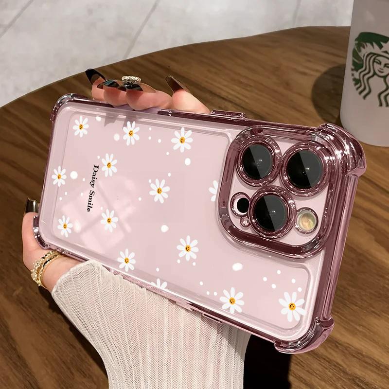 Cute Smile Daisy Flower Print Clear Case for Samsung Galaxy S25 FE S26 Edge S24 S22 S23 S21 Plus Note 20 Ultra Plating TPU Cover