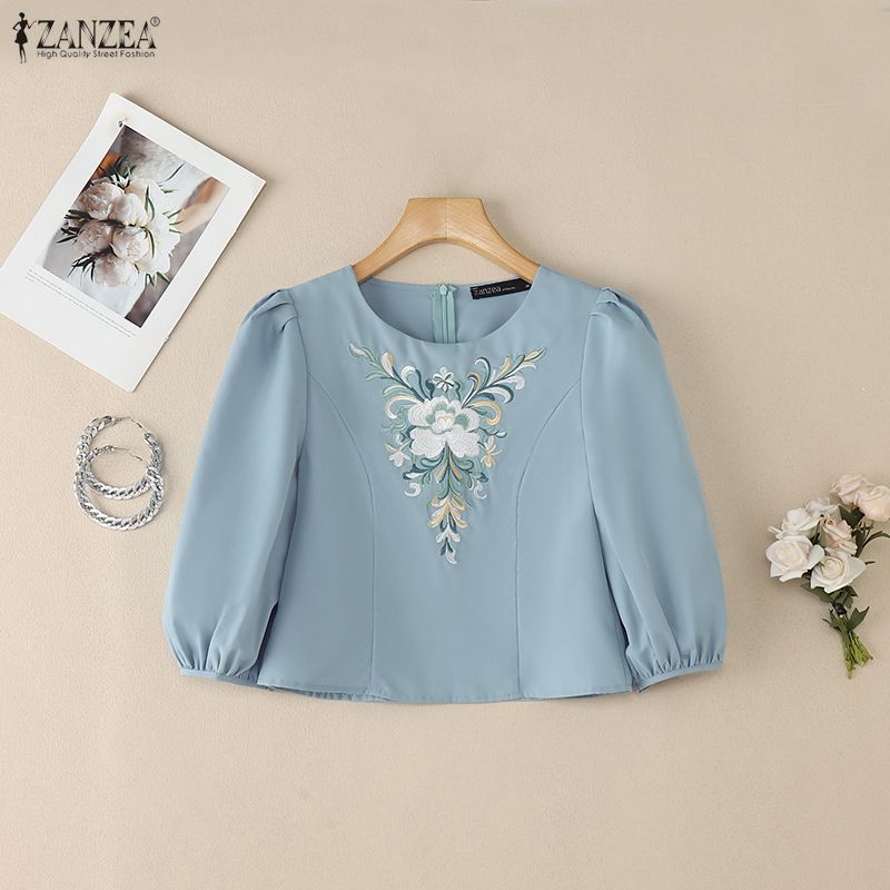 ZANZEA Lässige Bluse mit Rundhalsausschnitt und 3/4-Ärmeln und lockerem Print für Damen