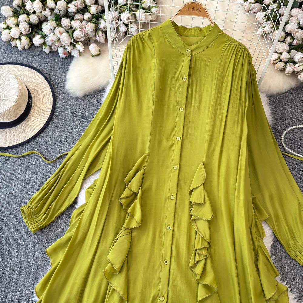 Jemný styl Temperament Bublinkové rukávy Stojáček Stahovaný pas Áčkový střih Volánový okraj Šifonové šaty Elegantní Velká kolová Dlouhé šaty