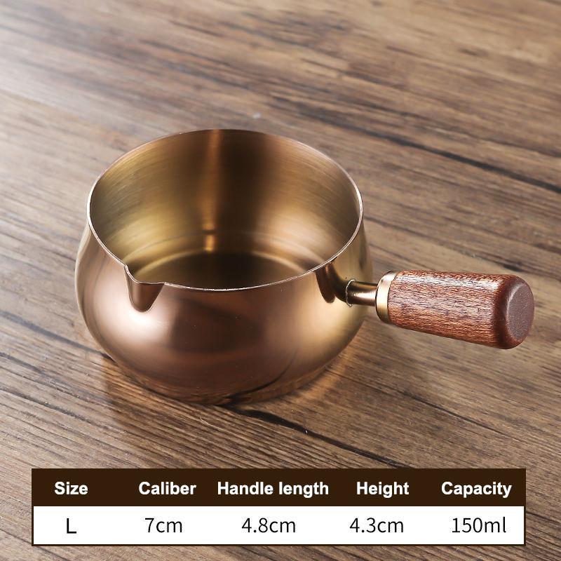 Stainless Steel Single Handle Sauce Cup with Wooden Grip - Gold/Silver Double Color Food-Grade Dipping Bowls for Kitchen Dining