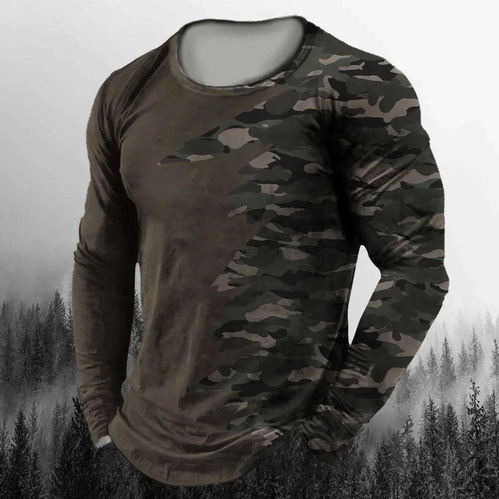 New Camouflage Printed European Size Long Sleeved T-shirt For Men's Casual Autumn Trend Top Round Neck Tees