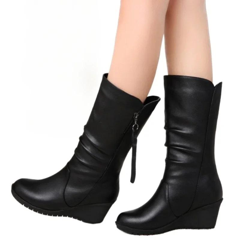 Autumn New Ladies Mid Length Boots Comfortable Women's Shoes Fashion Warm Snow Boots Casual Slope Heel Non Slip Footwear